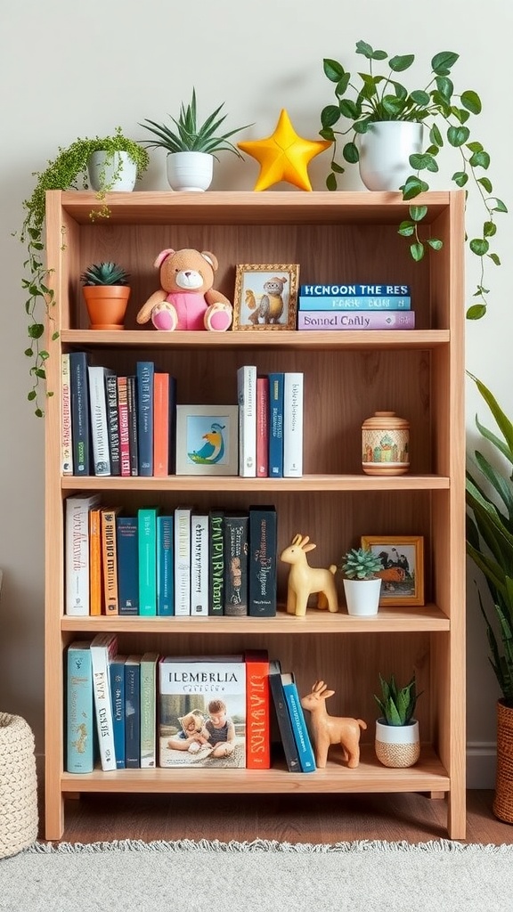 A wooden bookshelf decorated with plants, toys, and colorful books, creating a cheerful reading environment for kids.