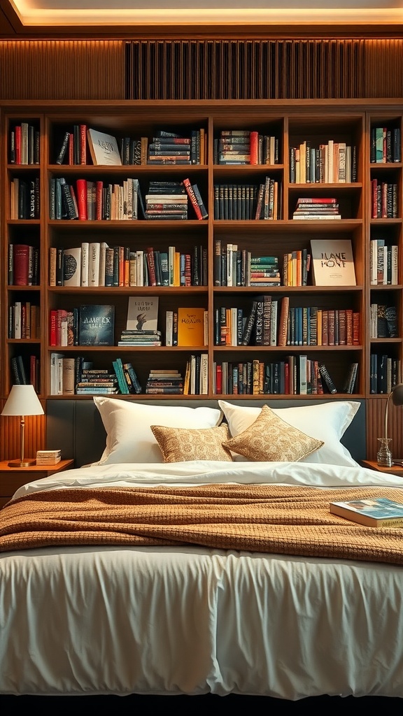 A cozy bedroom featuring a bookshelf headboard filled with colorful books, a neatly made bed with decorative pillows, and warm lighting.