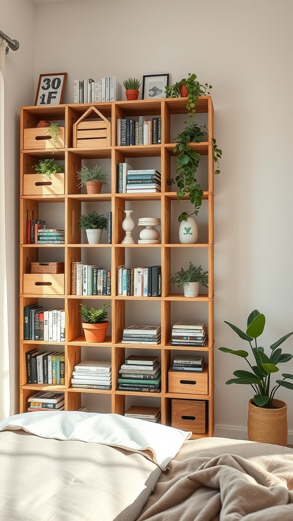 A wooden bookshelf made from old crates, filled with books and plants, in a cozy bedroom setting.