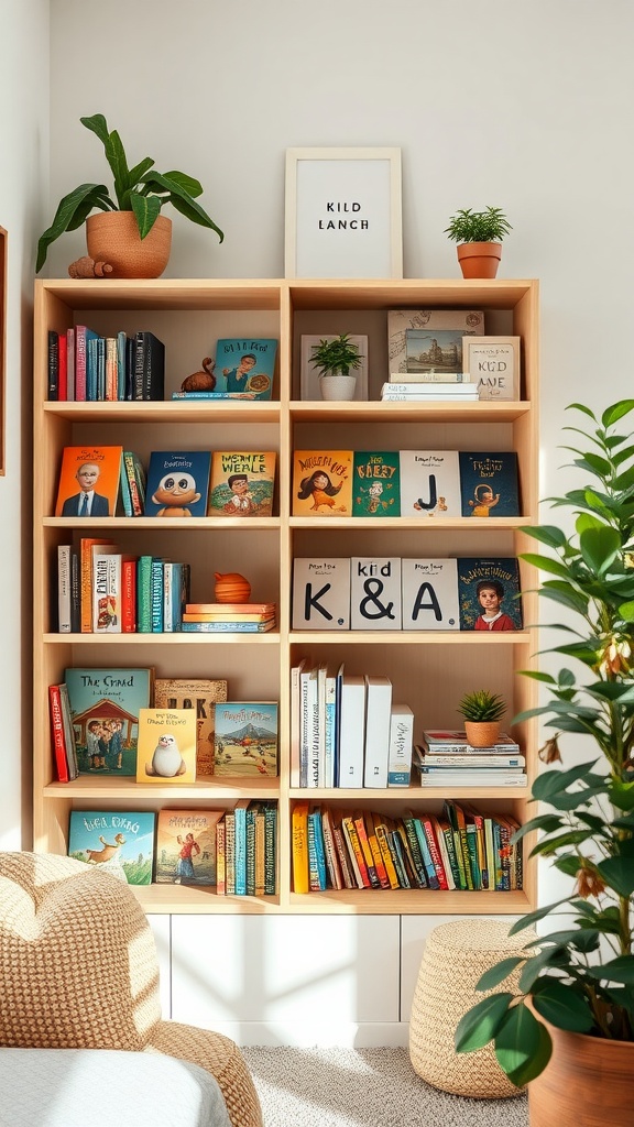 A well-organized kids bookshelf featuring colorful books, plants, and decor.