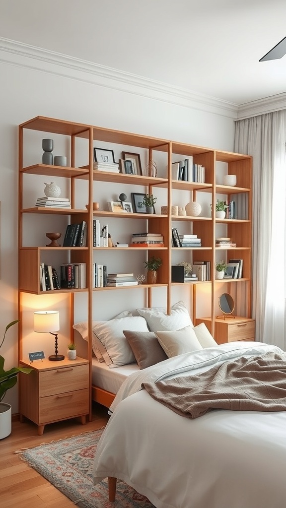 A cozy bedroom featuring a wooden bookshelf as a room divider, separating the bed from the rest of the space.