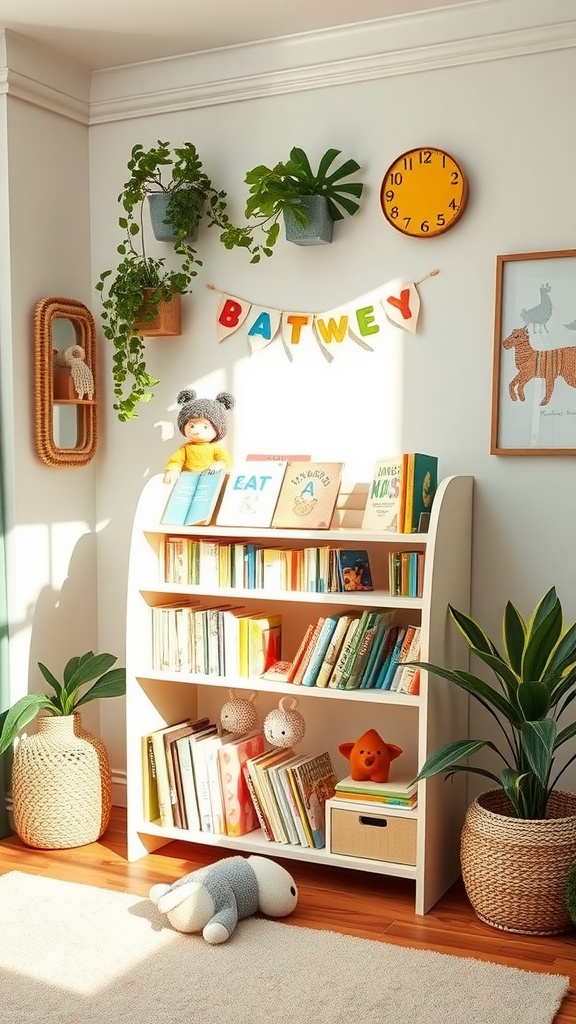 A children's bookshelf featuring colorful books, plants, and toys in a bright room.