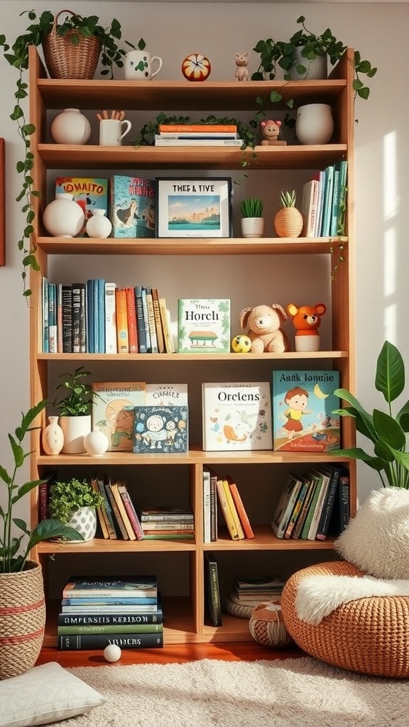 A colorful kids bookshelf filled with books, toys, and plants, creating a cozy reading area.