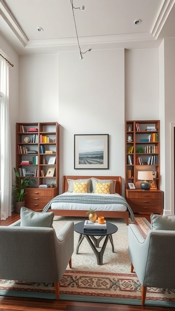 A cozy living room with bookshelves acting as dividers, featuring a bed and sitting area.