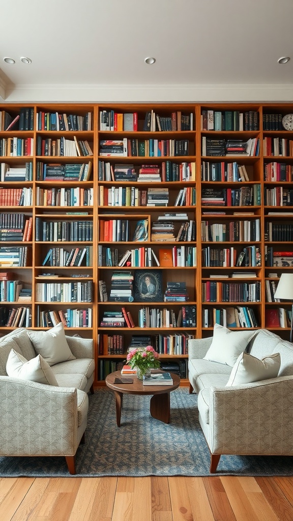 A cozy living room with a large bookshelf filled with books, two chairs, and a small coffee table.