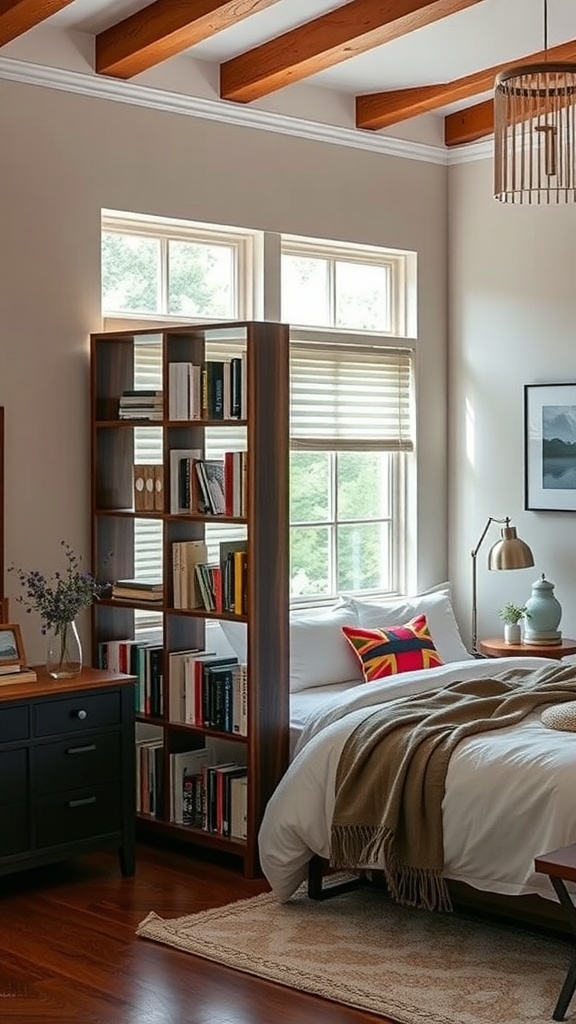 A cozy bedroom with a wooden bookshelf acting as a room divider, filled with books, a comfortable bed, and natural light.