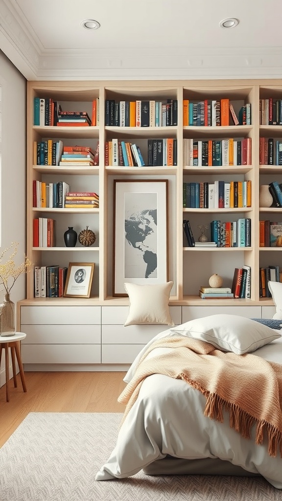 Bookshelves filled with various colorful books in a cozy bedroom setting.