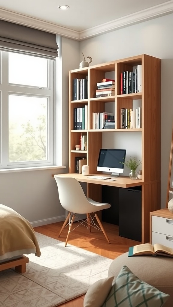 A modern bedroom featuring a bookshelf integrated with a desk, showcasing books, a computer, and a cozy chair.