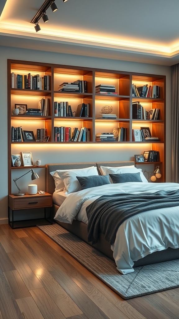 A modern bedroom featuring a bookshelf with integrated lighting, showcasing books and decorative items.