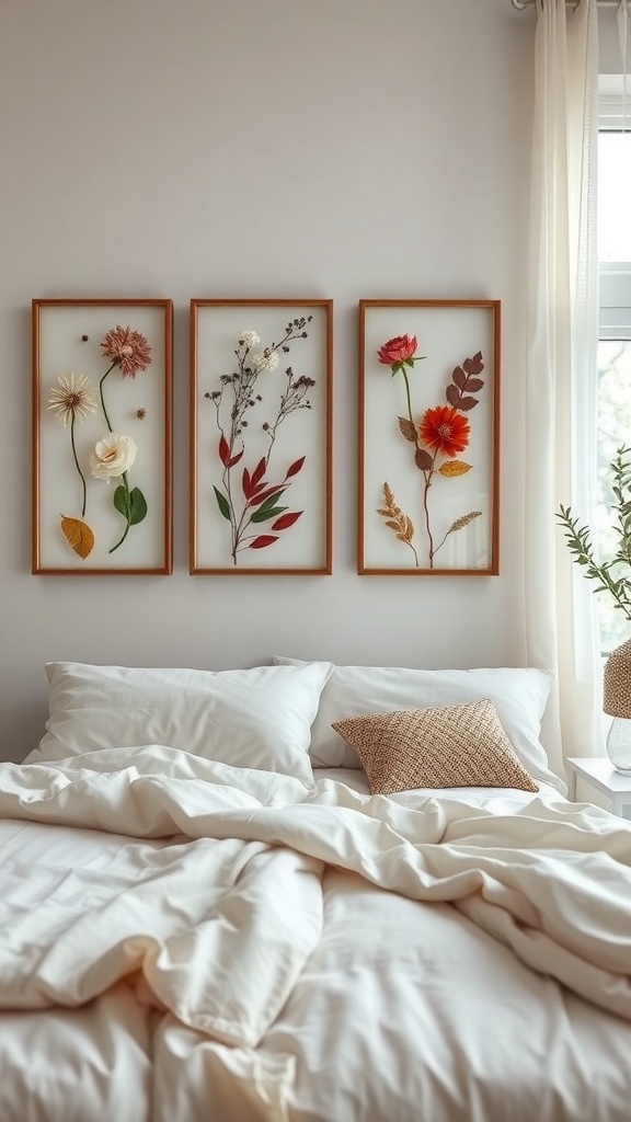 Three framed botanical pressings featuring various dried flowers and leaves on a wall above a bed.