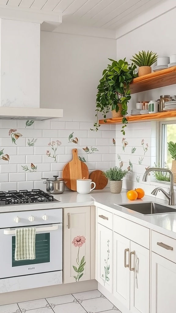 A kitchen with a botanical printed tile backsplash featuring floral designs, complemented by green plants and wooden shelves.