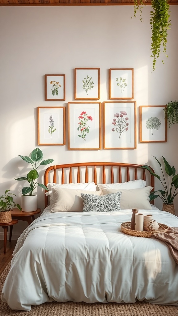 A cozy bedroom featuring botanical prints on the wall, a wooden bed frame, and potted plants.