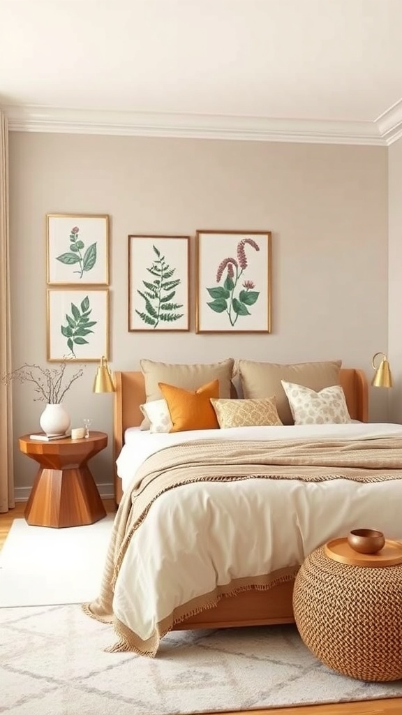 A beige and brown bedroom featuring botanical prints on the wall, a cozy bed with decorative pillows, and a wooden side table.