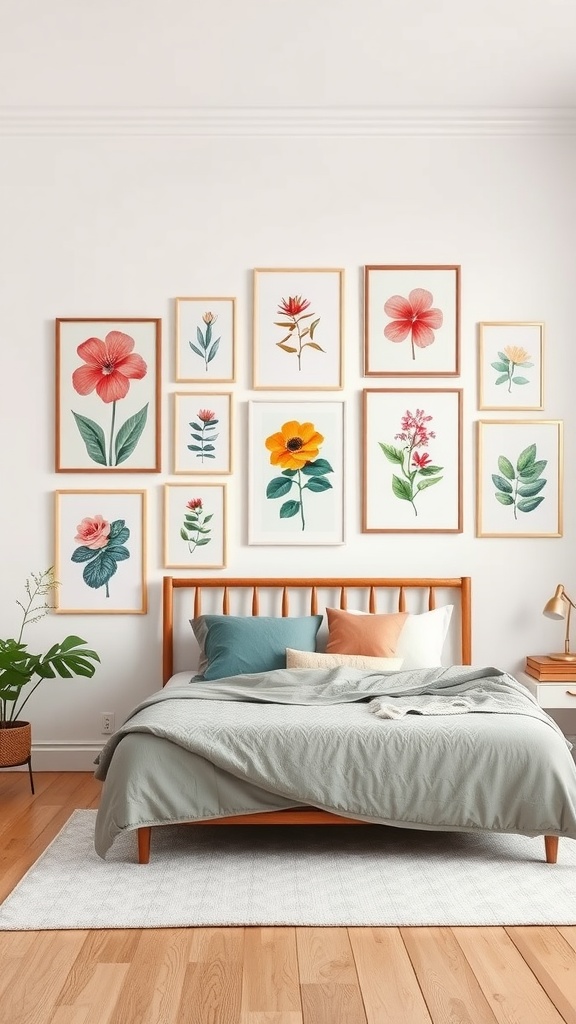 A collection of botanical prints framed on a bedroom wall above a bed.
