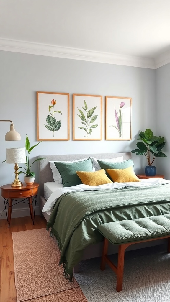 A cozy bedroom featuring botanical prints on the wall, a green throw on the bed, and potted plants for decor.