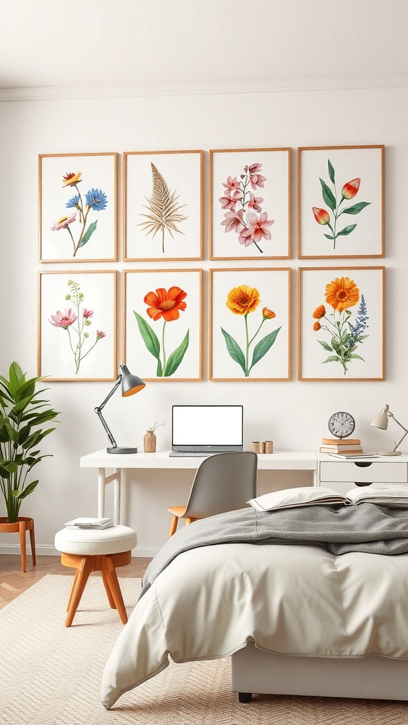 A modern room featuring a wall of botanical prints in frames, with a desk and chair in the foreground.