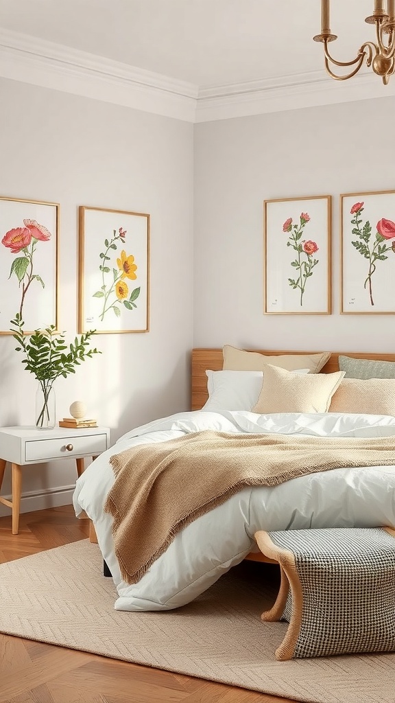 A cozy bedroom featuring botanical wall art with floral prints in light wooden frames.