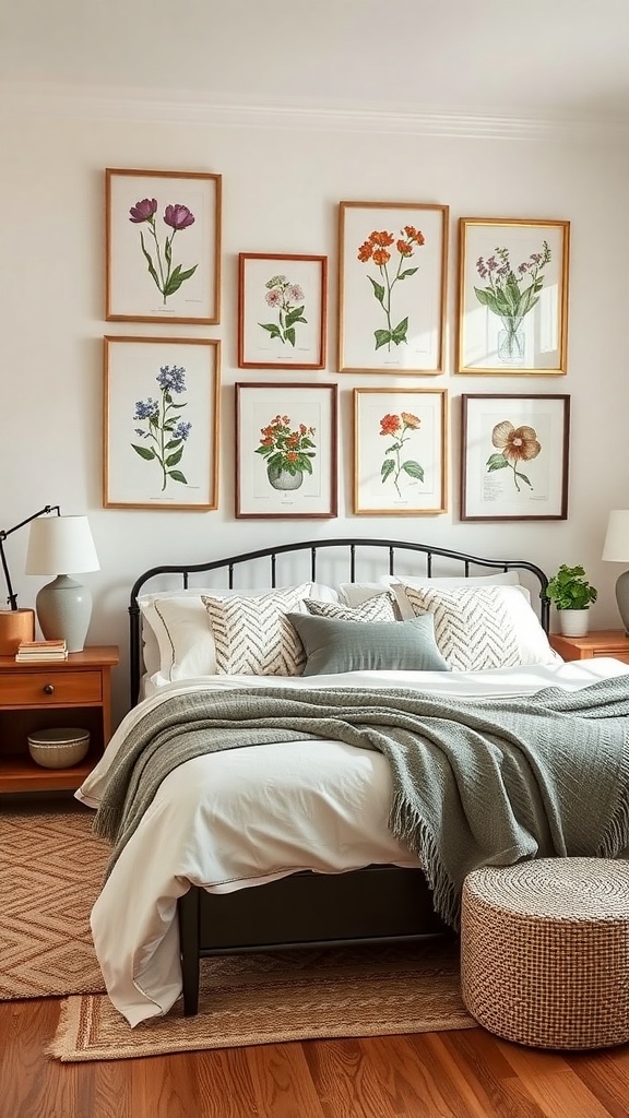 A cozy bedroom featuring botanical wall art above the bed, with framed floral prints in various colors.