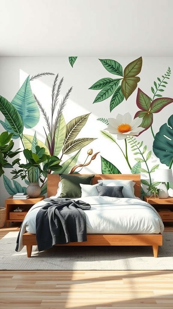 A cozy bedroom featuring a botanical wall mural with various leaves and a flower, complemented by wooden furniture.