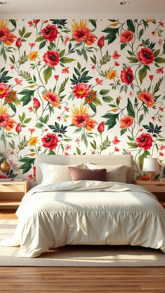 A bedroom featuring botanical wallpaper with vibrant flowers and a neatly made bed.