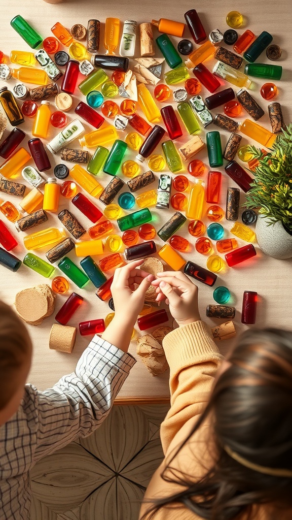 Two children arranging colorful recycled bottle pieces on a table for a mosaic art project.