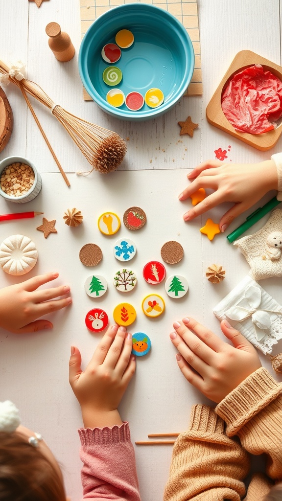 Children crafting colorful bottle cap magnets on a table