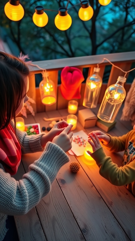 Two people creating lanterns from recycled bottles, surrounded by warm glowing lights on a wooden table.