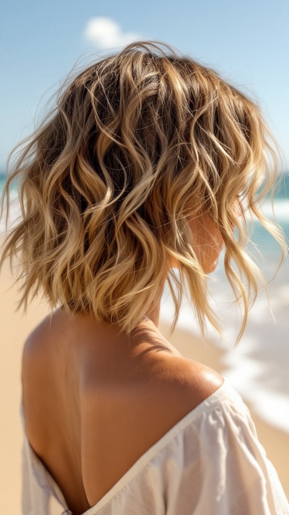 A woman with a short, wavy hairstyle standing by the beach