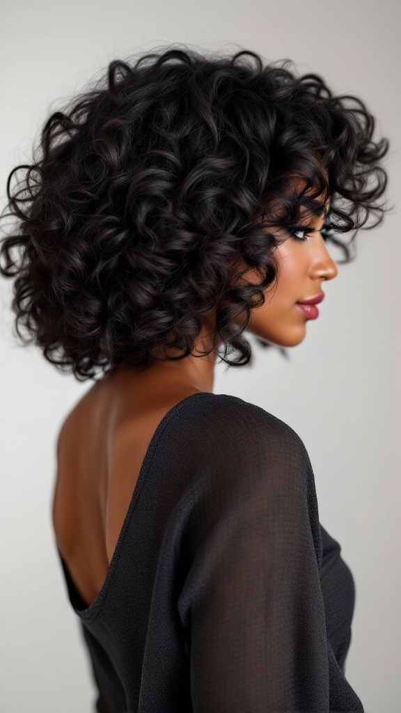 A woman with a bouncy curled bob hairstyle, showcasing beautiful black hair and soft curls.