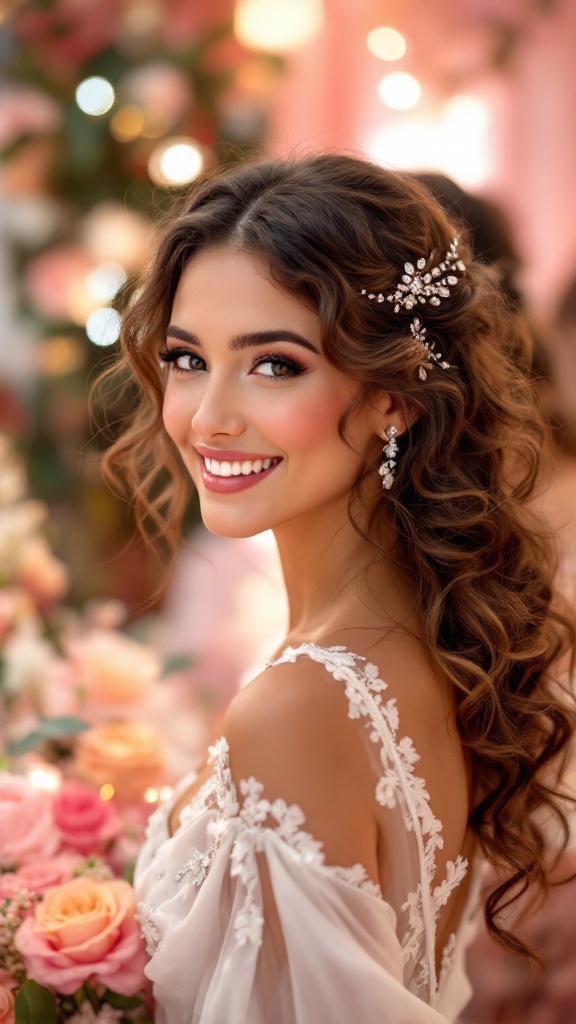 Bridesmaid with bouncy curls adorned with sparkling hairpins, smiling amidst floral decorations.