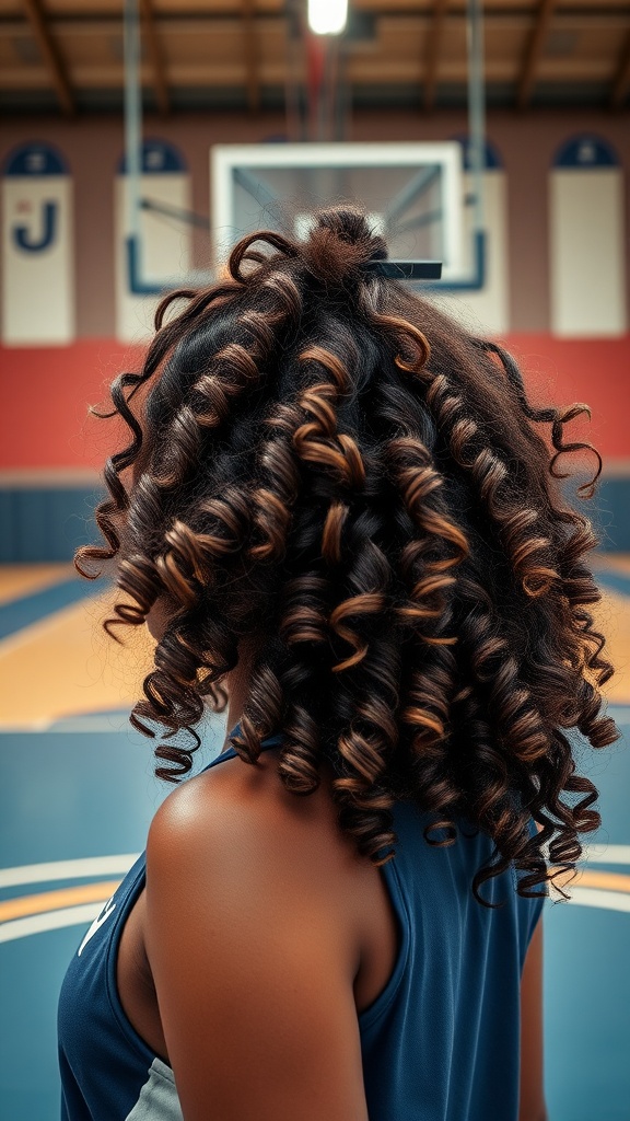 A person with bouncy curls styled with sporty clips, standing in a basketball gym.