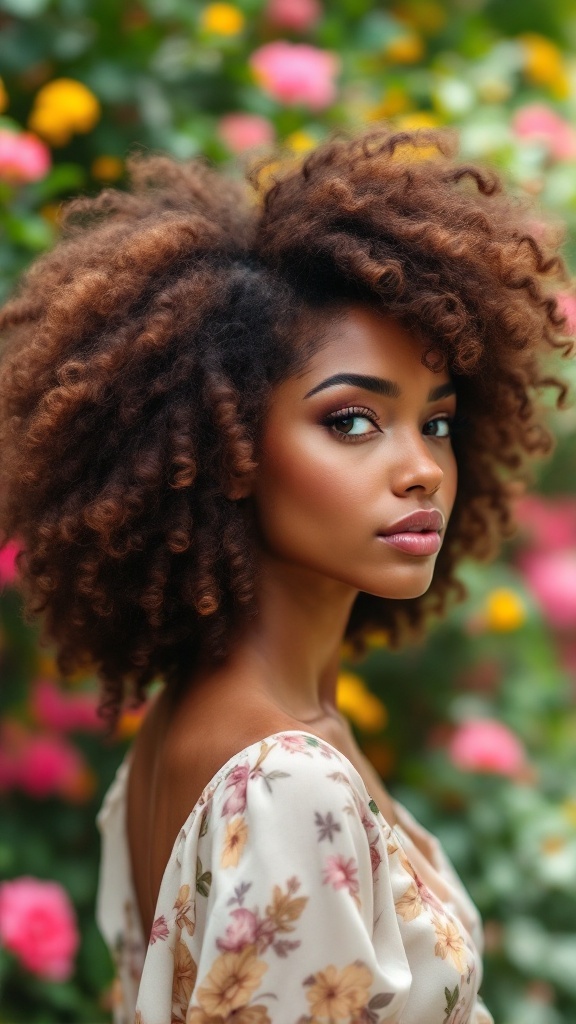 A woman with a bouncy curly fro hairstyle, surrounded by colorful flowers.