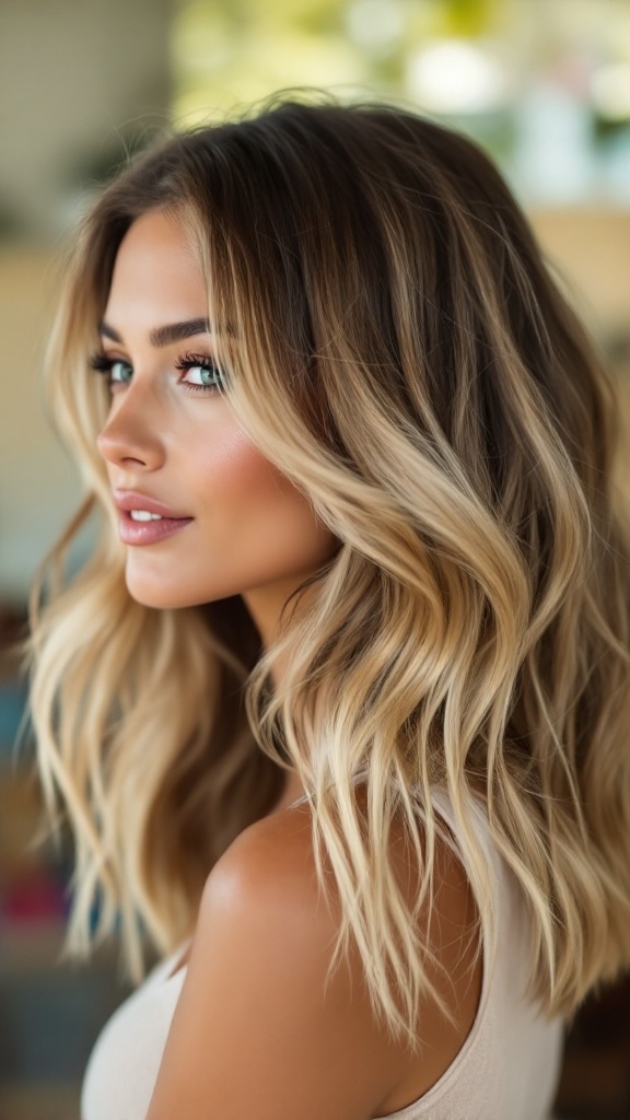 Medium length layered hair with bouncy layers and highlights