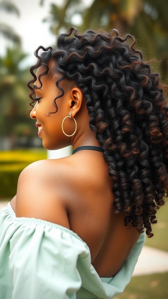 A woman with bouncy loose wave weave hairstyle, smiling and wearing a mint green off-shoulder top, showcasing curly hair.