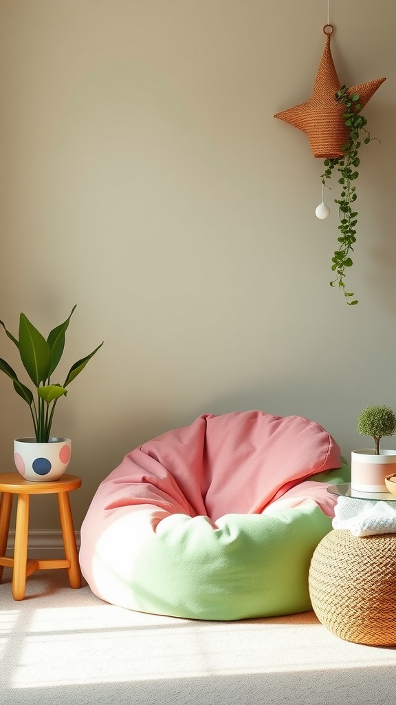 A pink and green bean bag in a nursery setting with a small plant and a woven basket
