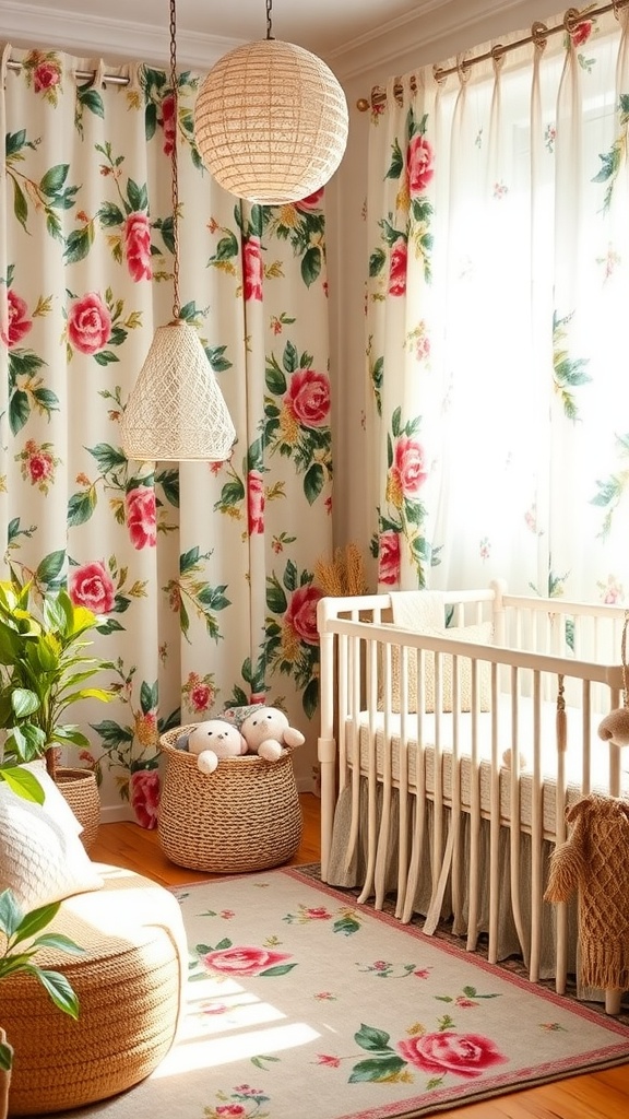 A beautifully designed nursery featuring floral patterns and a cozy atmosphere.