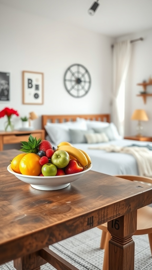 A cozy kitchen with a wooden table featuring a bowl of colorful fruits, including oranges, apples, and bananas.