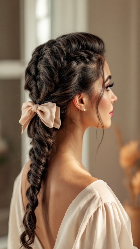 A woman with a braided hairstyle adorned with a bow, showcasing a side profile.