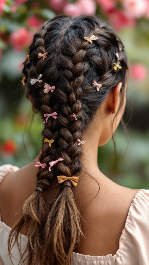 A girl with two braided pigtails, decorated with colorful bows, set against a floral background.