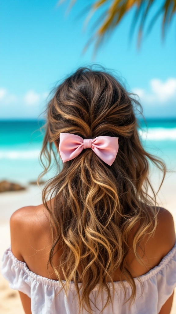 A woman with wavy hair styled with a pink bow, standing on a beach with a clear blue sky and ocean in the background.