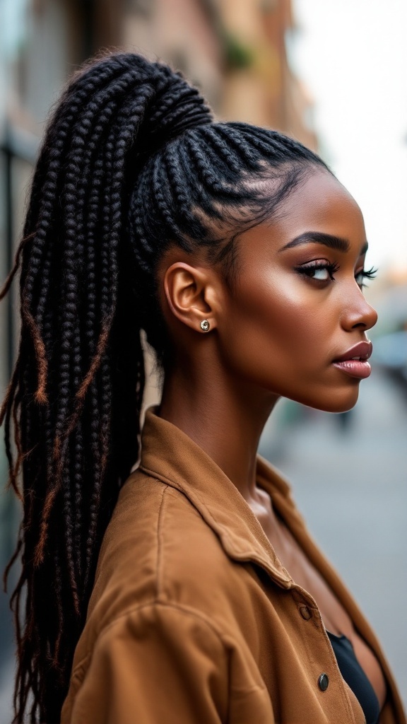A woman with a high ponytail made of box braids, showcasing a trendy and stylish hairstyle.