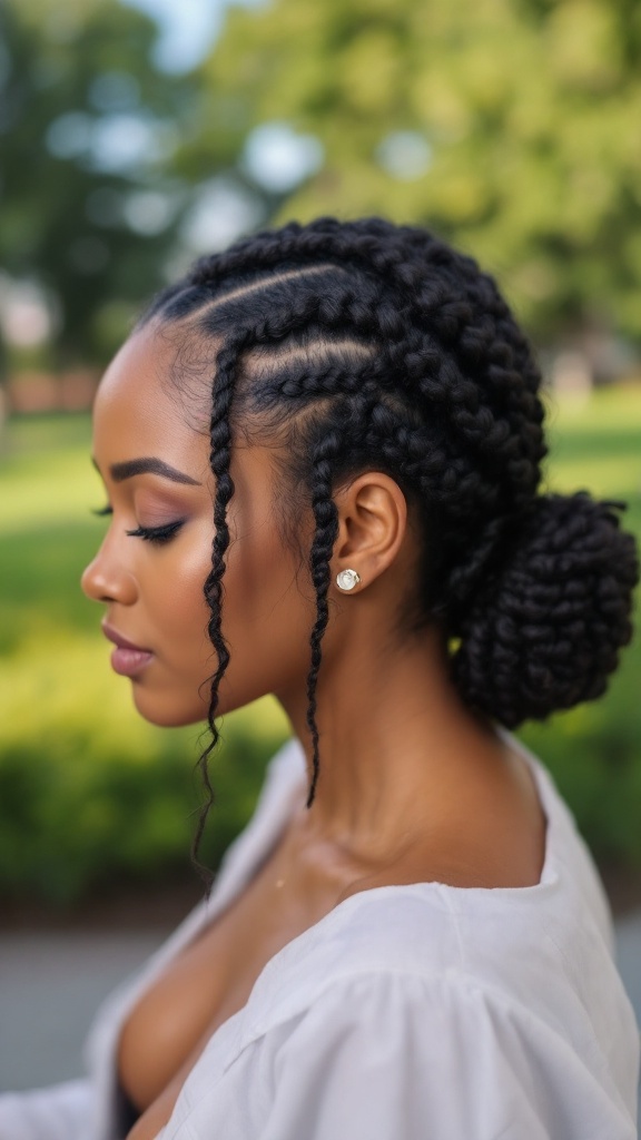 Woman with box braids styled in a low bun, featuring curly tendrils framing her face.