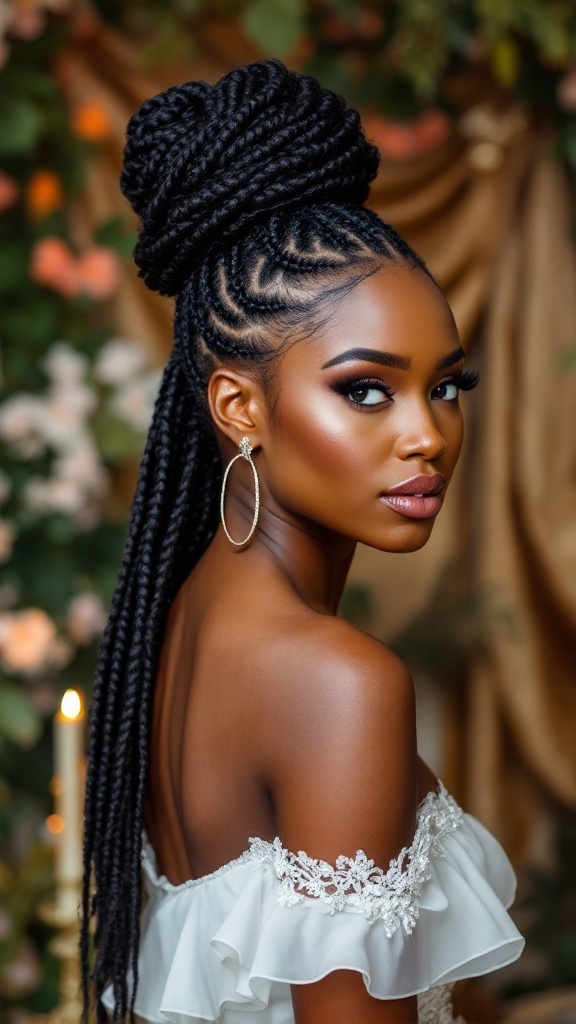 A black woman with box braids styled up in a high bun, wearing elegant earrings and a beautiful off-shoulder dress.