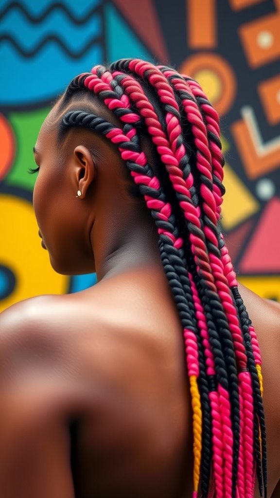 A person with colorful box braids in pink, yellow, and black, showcasing a vibrant hairstyle against a colorful background.