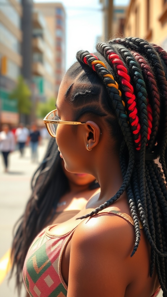 A woman with box braids featuring colorful highlights in a vibrant urban setting.