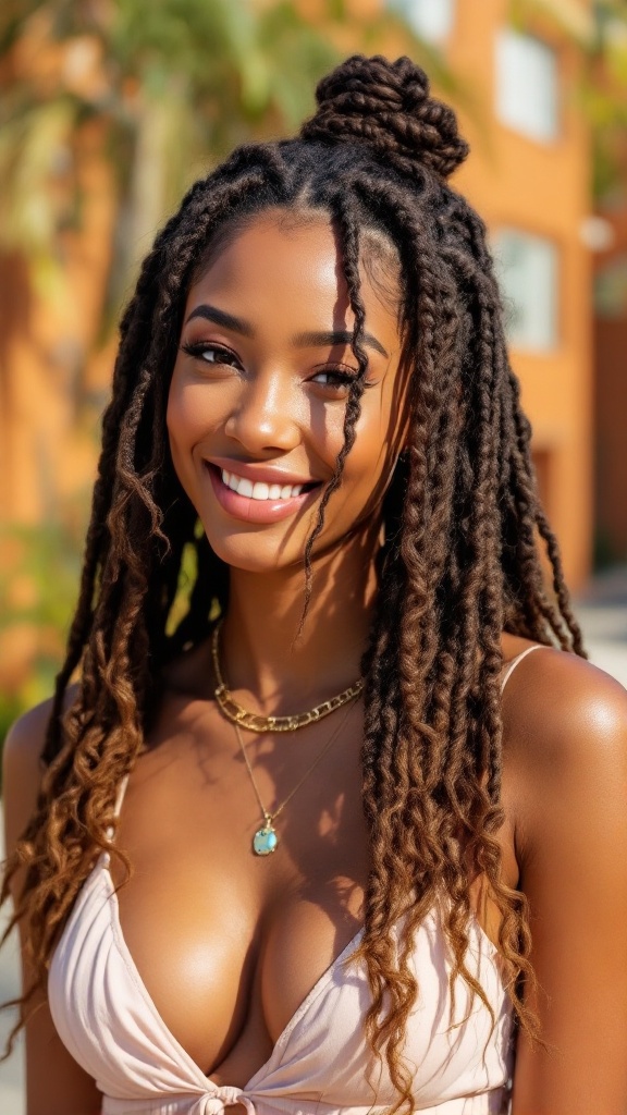 A person with box braids featuring curly ends and a bright smile.