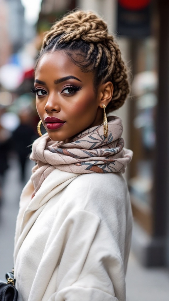 A woman with box braids styled with a scarf, showcasing a trendy and chic look.
