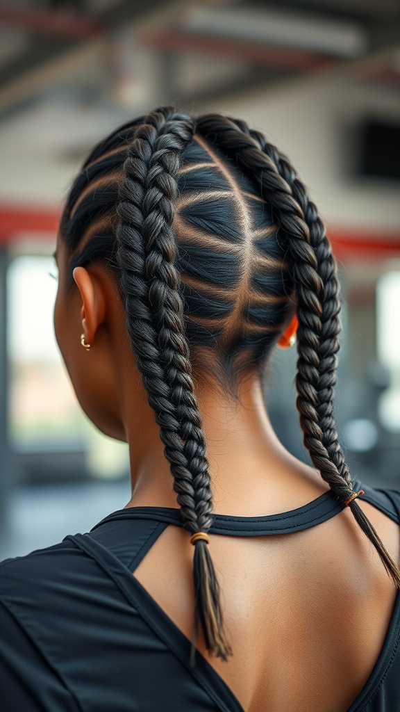 A close-up of boxer braids on a person's head, showcasing intricate patterns and two braids styled securely.