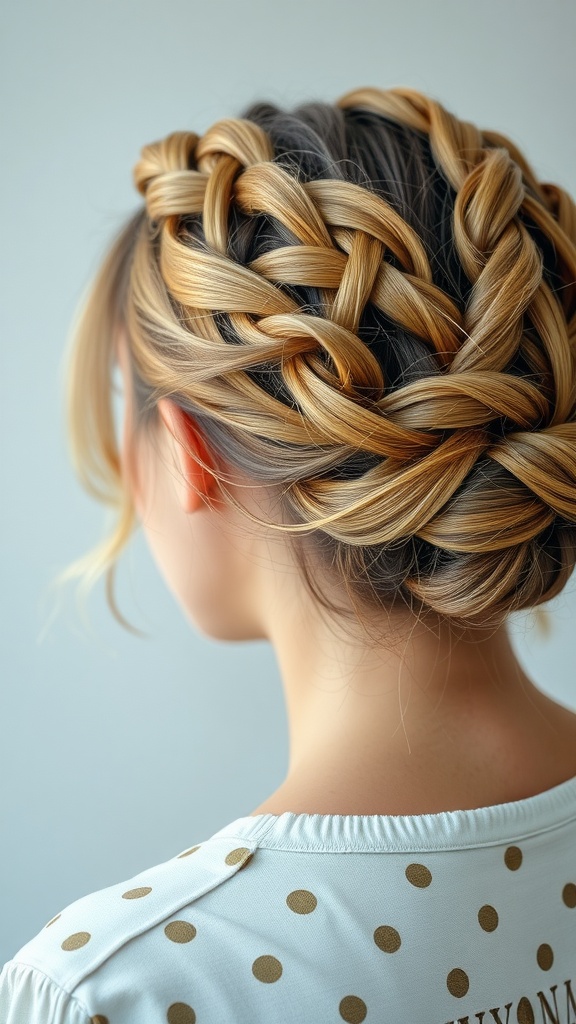 A woman with a beautifully braided hairstyle, featuring a loose bun and intricate braiding at the crown.