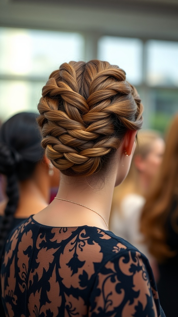 A woman showing a braid-infused updo hairstyle with neatly woven braids
